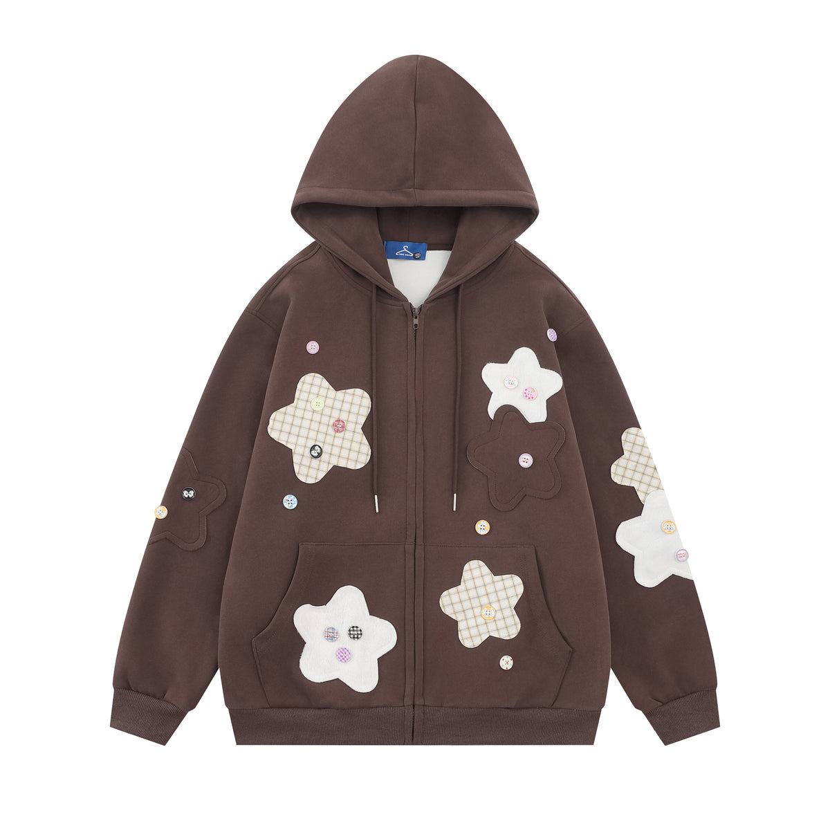 Cute Star Patchwork Zip-Up Sweatshirt Drop Shoulder Loose Casual Jacket