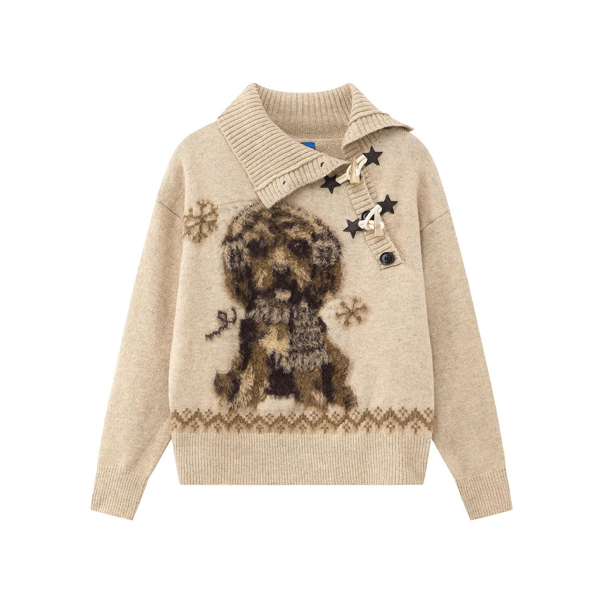 Cute Dog Flocked Jacquard Star Toggle Turn-down Collar Loose Knit Sweater