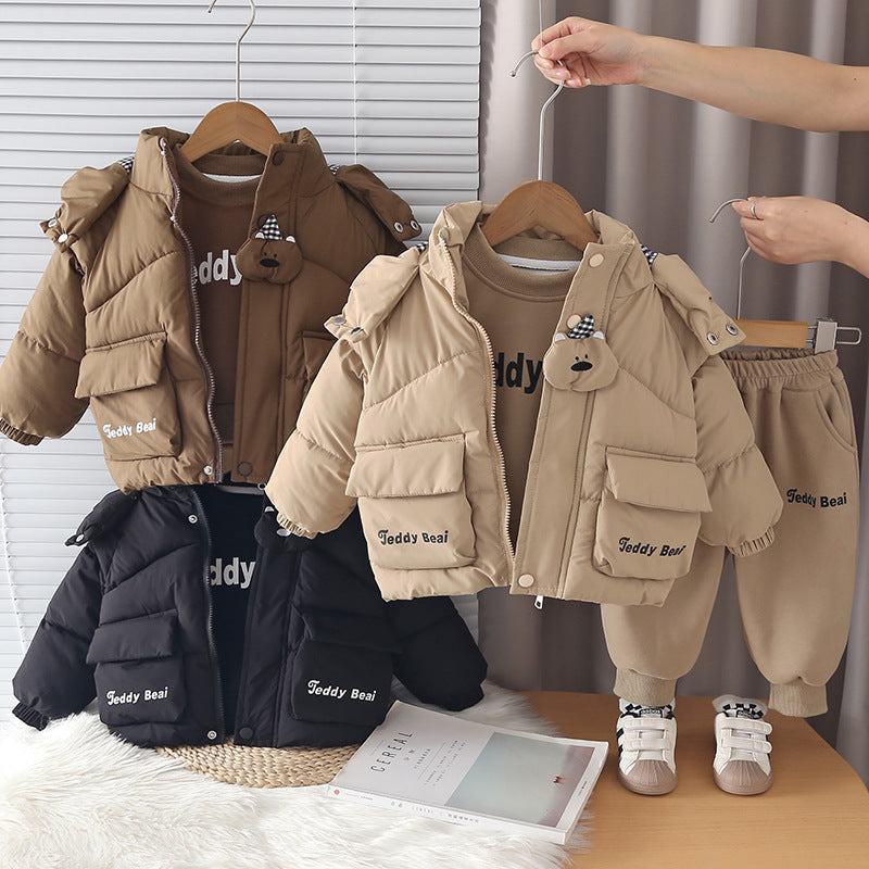 Boys Winter Fleece Lined Thickened Cotton Jacket Three-Piece Set with Cute Bear Head Pattern
