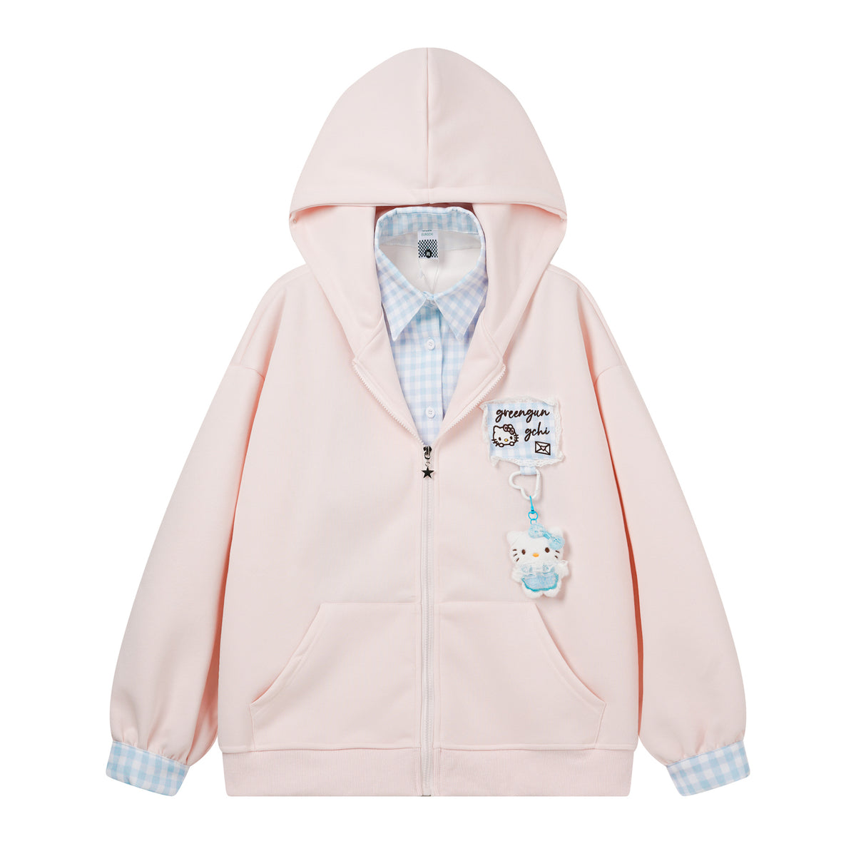 Cute Plaid Patchwork Hooded Sweatshirt with Cat Charm, Fake Two-Piece Cardigan Design