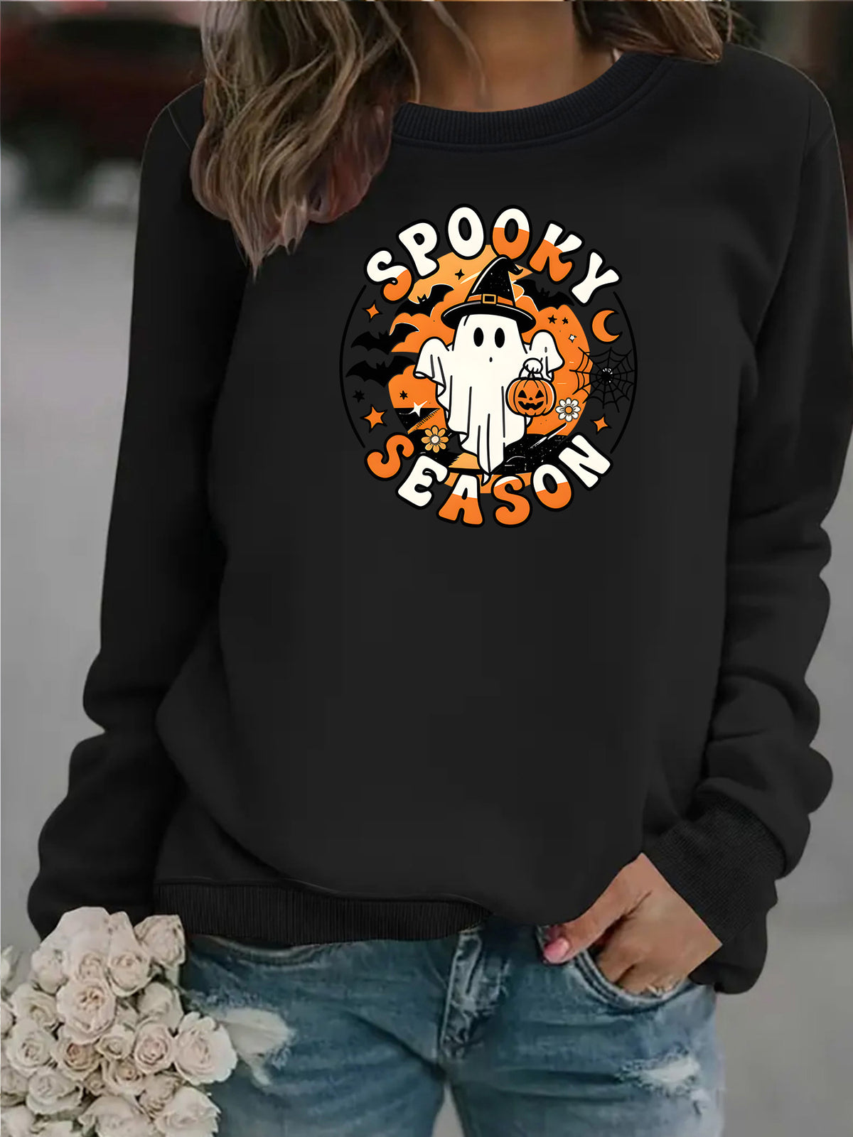 Ghost print round neck fleece hoodie