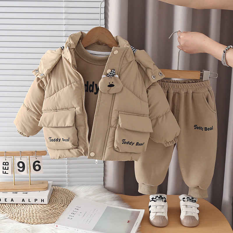 Boys Winter Fleece Lined Thickened Cotton Jacket Three-Piece Set with Cute Bear Head Pattern