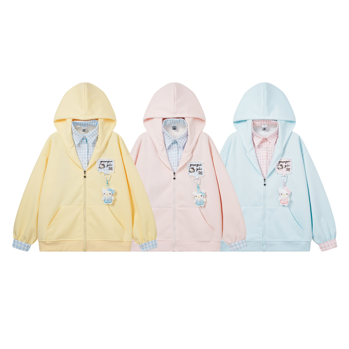 Cute Plaid Patchwork Hooded Sweatshirt with Cat Charm, Fake Two-Piece Cardigan Design