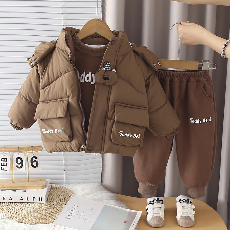 Boys Winter Fleece Lined Thickened Cotton Jacket Three-Piece Set with Cute Bear Head Pattern
