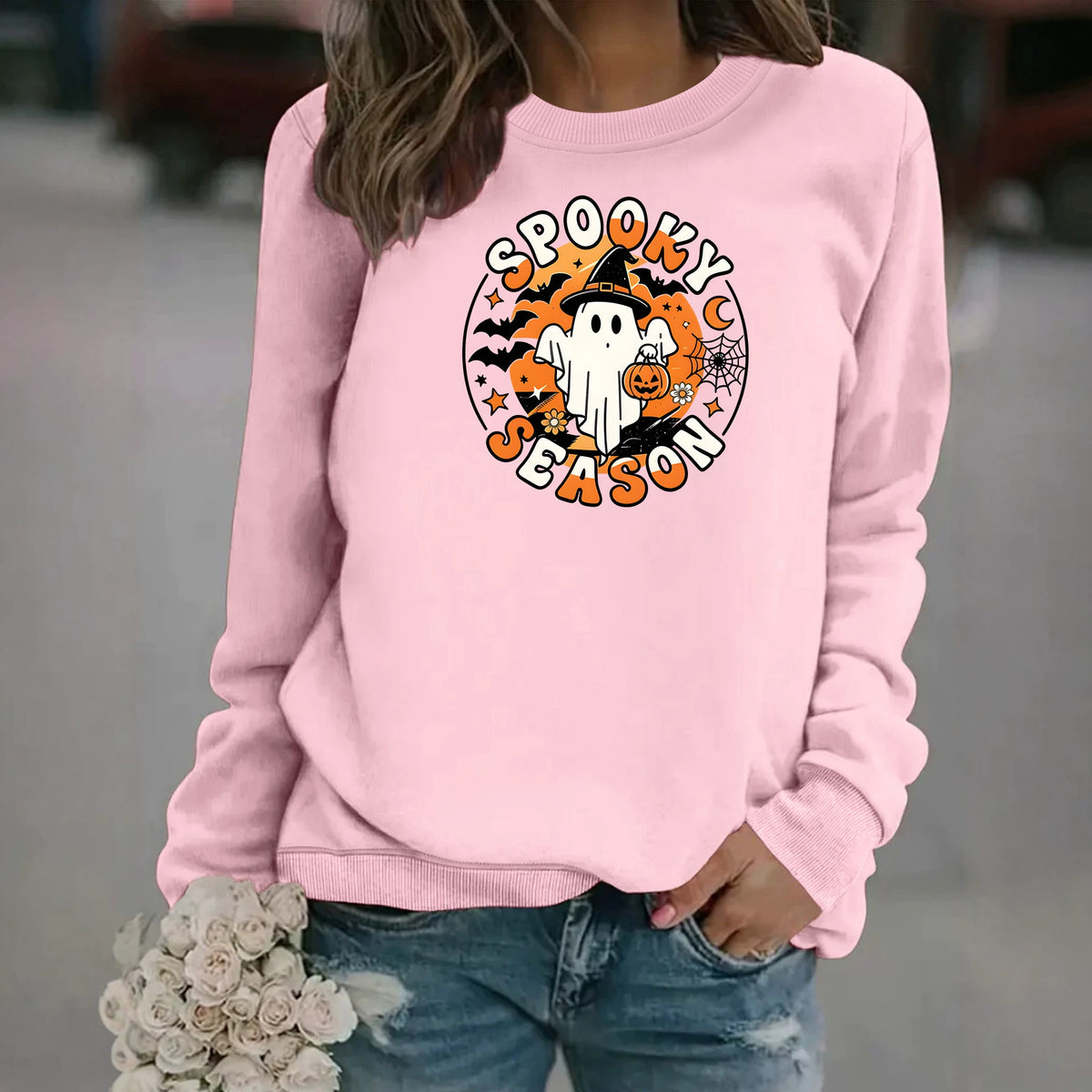 Ghost print round neck fleece hoodie