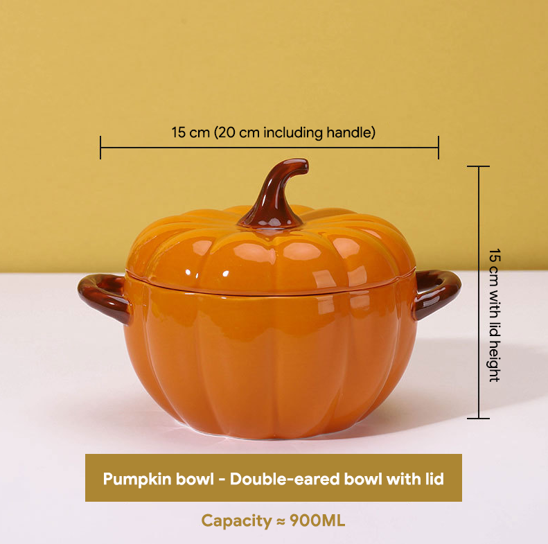 Cute Pumpkin Shape Ceramic Soup Bowl with Lid &amp; Double Handles, Noodle Serving Bowl for Home Kitchen