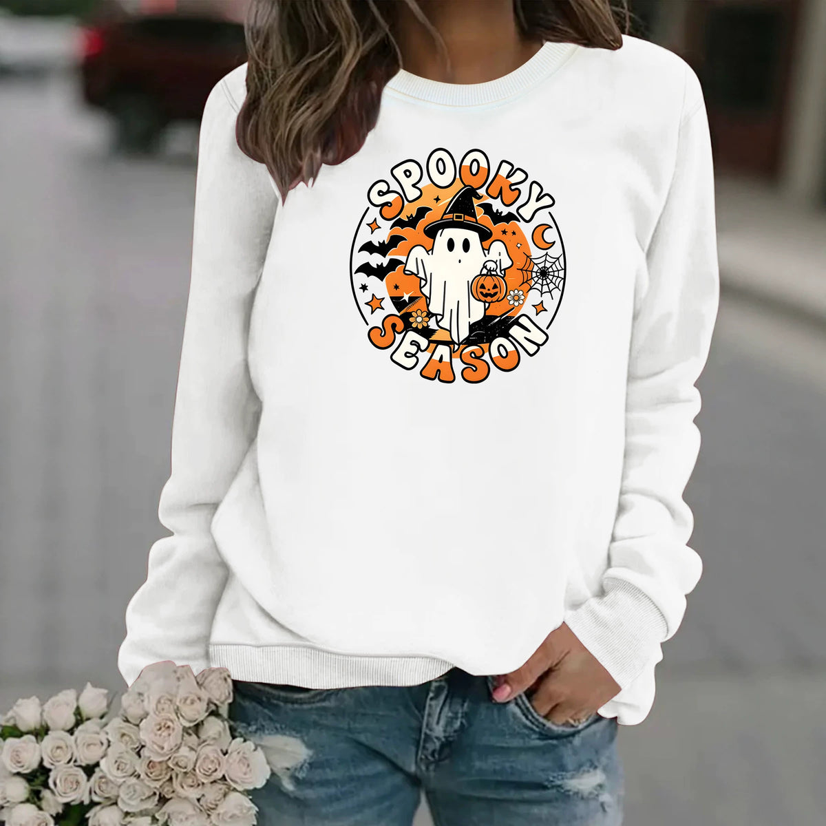 Ghost print round neck fleece hoodie