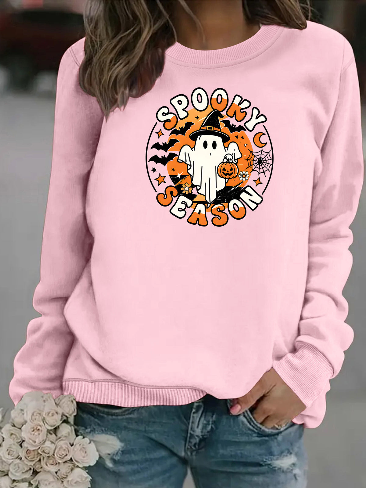 Ghost print round neck fleece hoodie