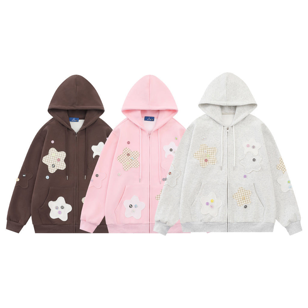 Cute Star Patchwork Zip-Up Sweatshirt Drop Shoulder Loose Casual Jacket