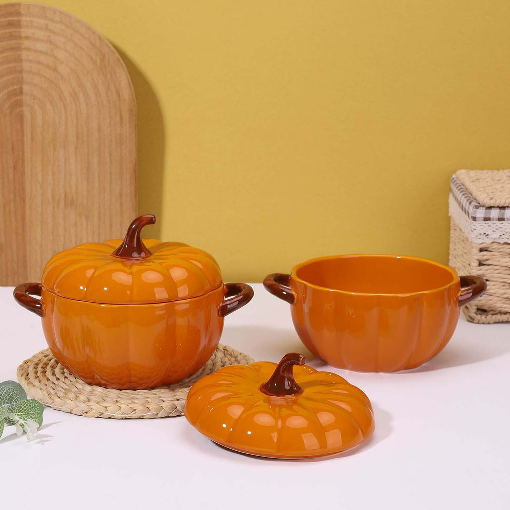 Cute Pumpkin Shape Ceramic Soup Bowl with Lid &amp; Double Handles, Noodle Serving Bowl for Home Kitchen