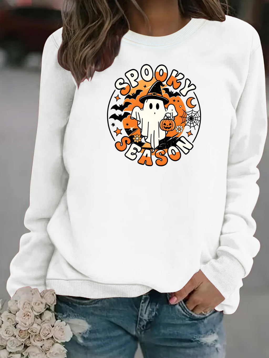 Ghost print round neck fleece hoodie