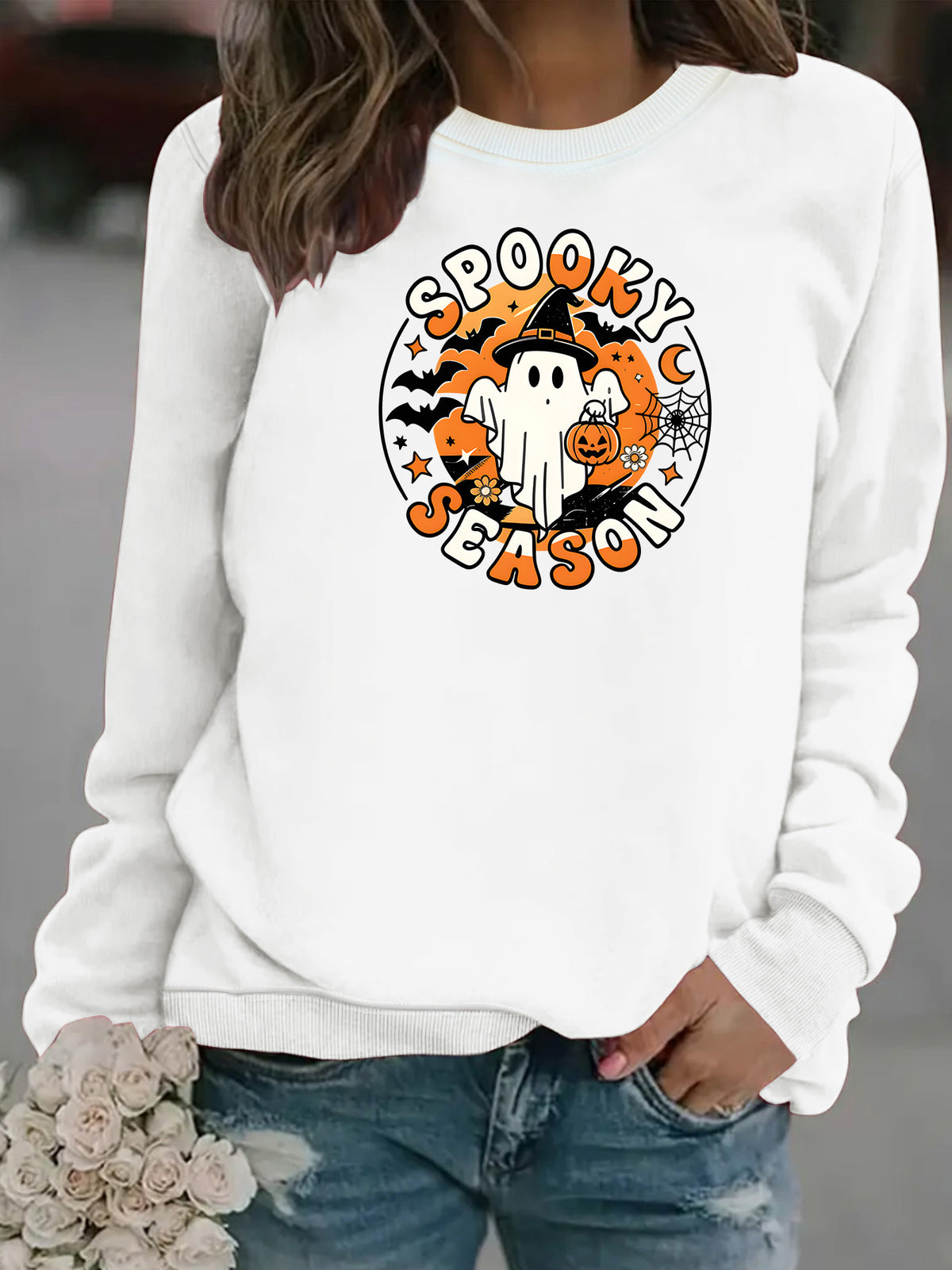 Ghost print round neck fleece hoodie
