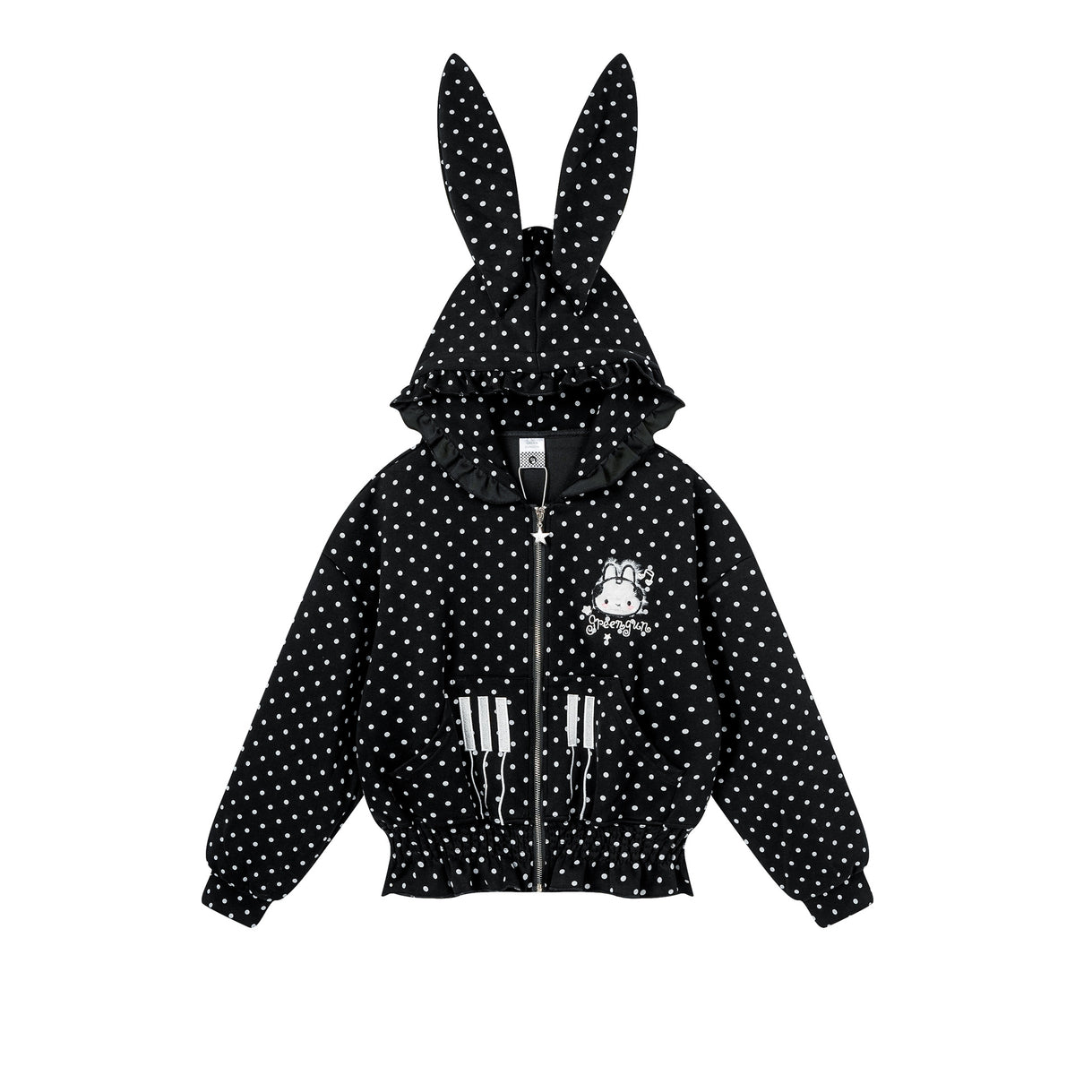 Polka Dot Rabbit Ear Hooded Crop Cardigan with Ruffle Waist and Cute Embroidery