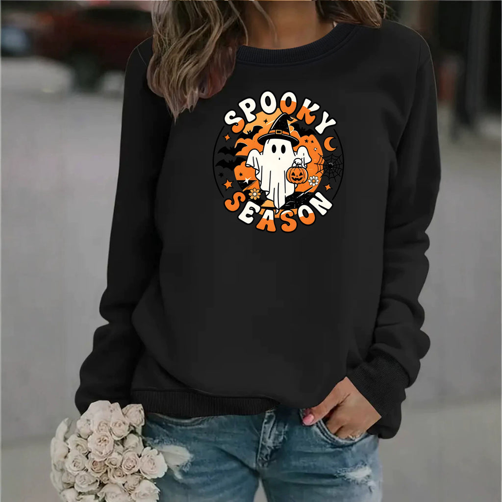 Ghost print round neck fleece hoodie