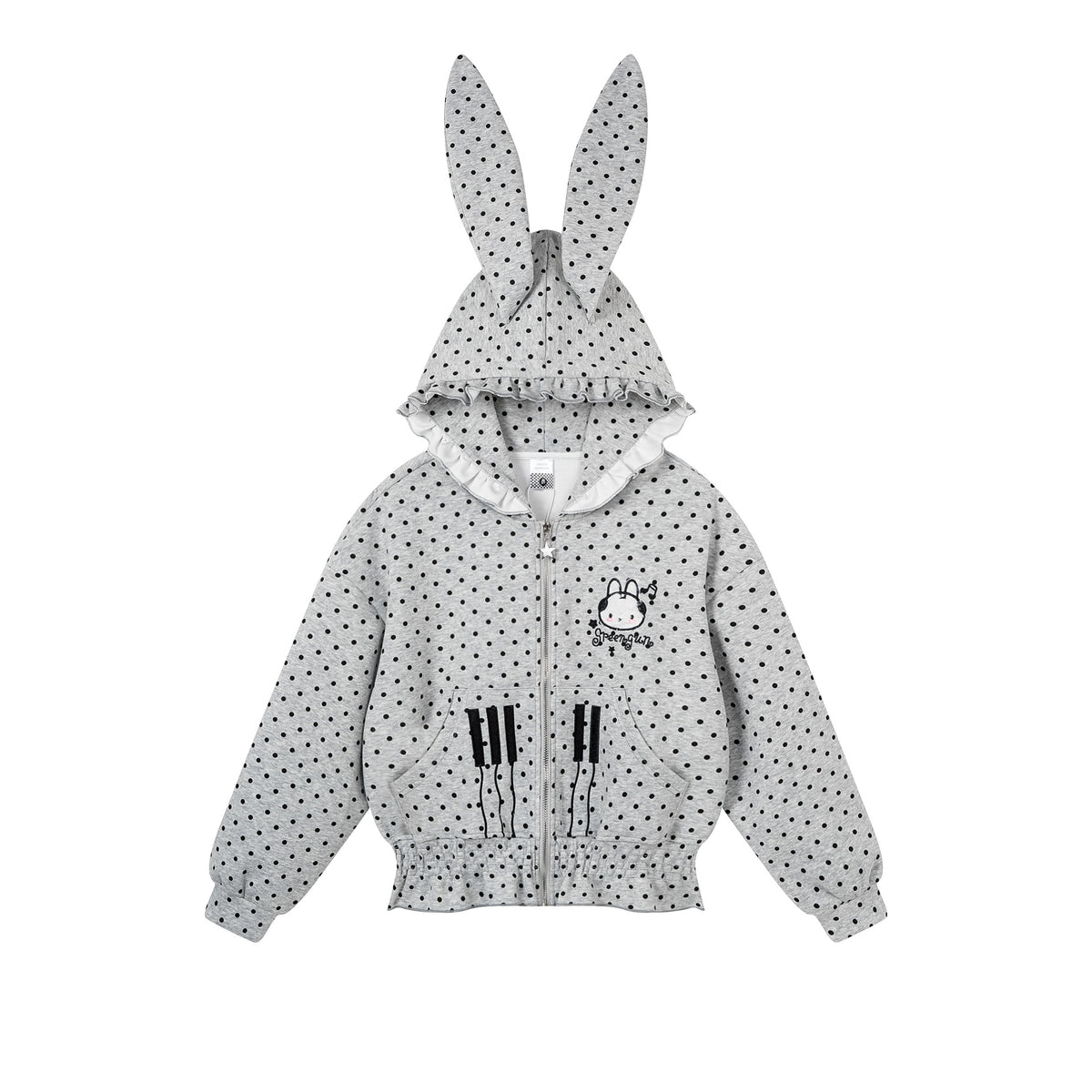Polka Dot Rabbit Ear Hooded Crop Cardigan with Ruffle Waist and Cute Embroidery