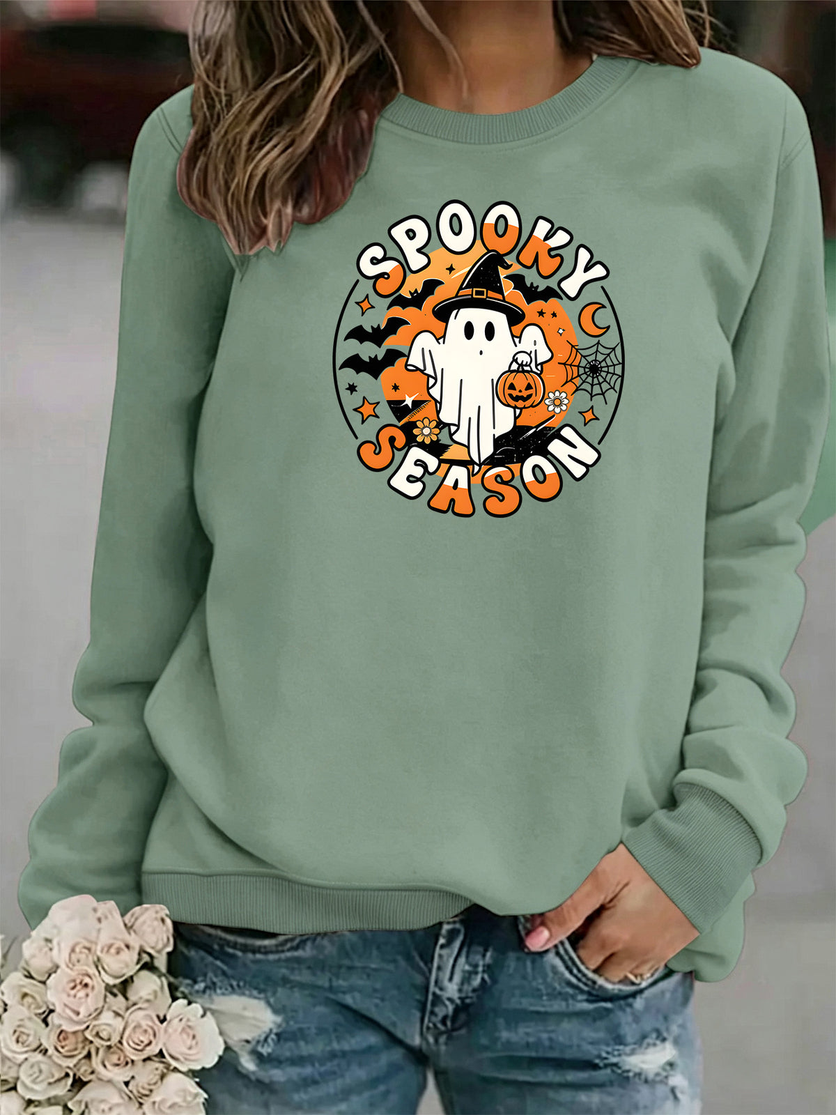Ghost print round neck fleece hoodie