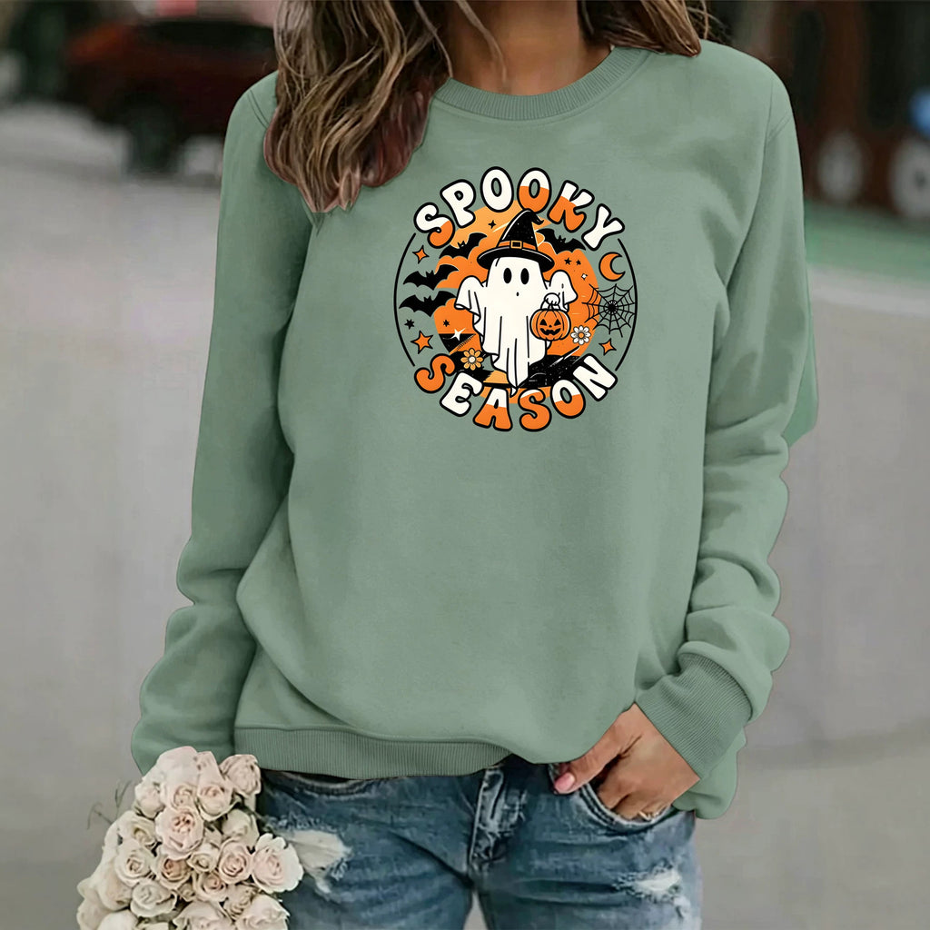 Ghost print round neck fleece hoodie