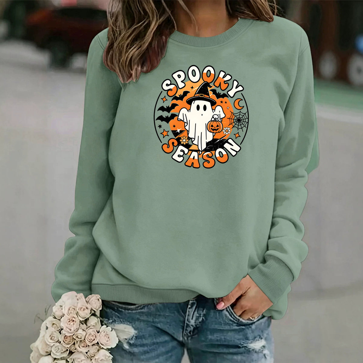 Ghost print round neck fleece hoodie
