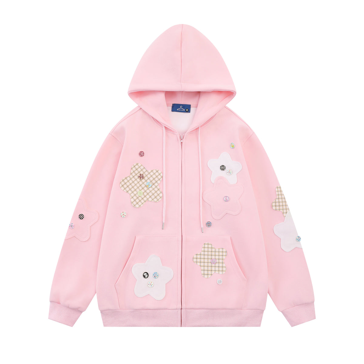 Cute Star Patchwork Zip-Up Sweatshirt Drop Shoulder Loose Casual Jacket