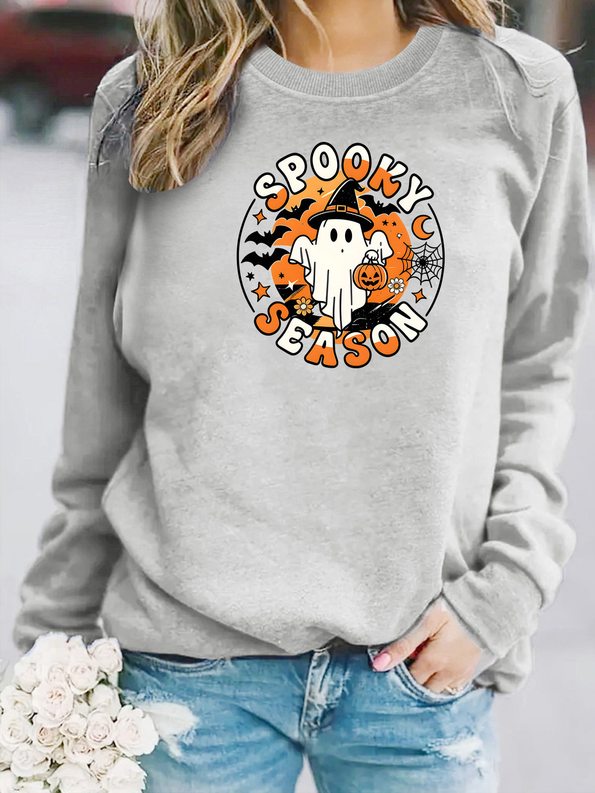 Ghost print round neck fleece hoodie