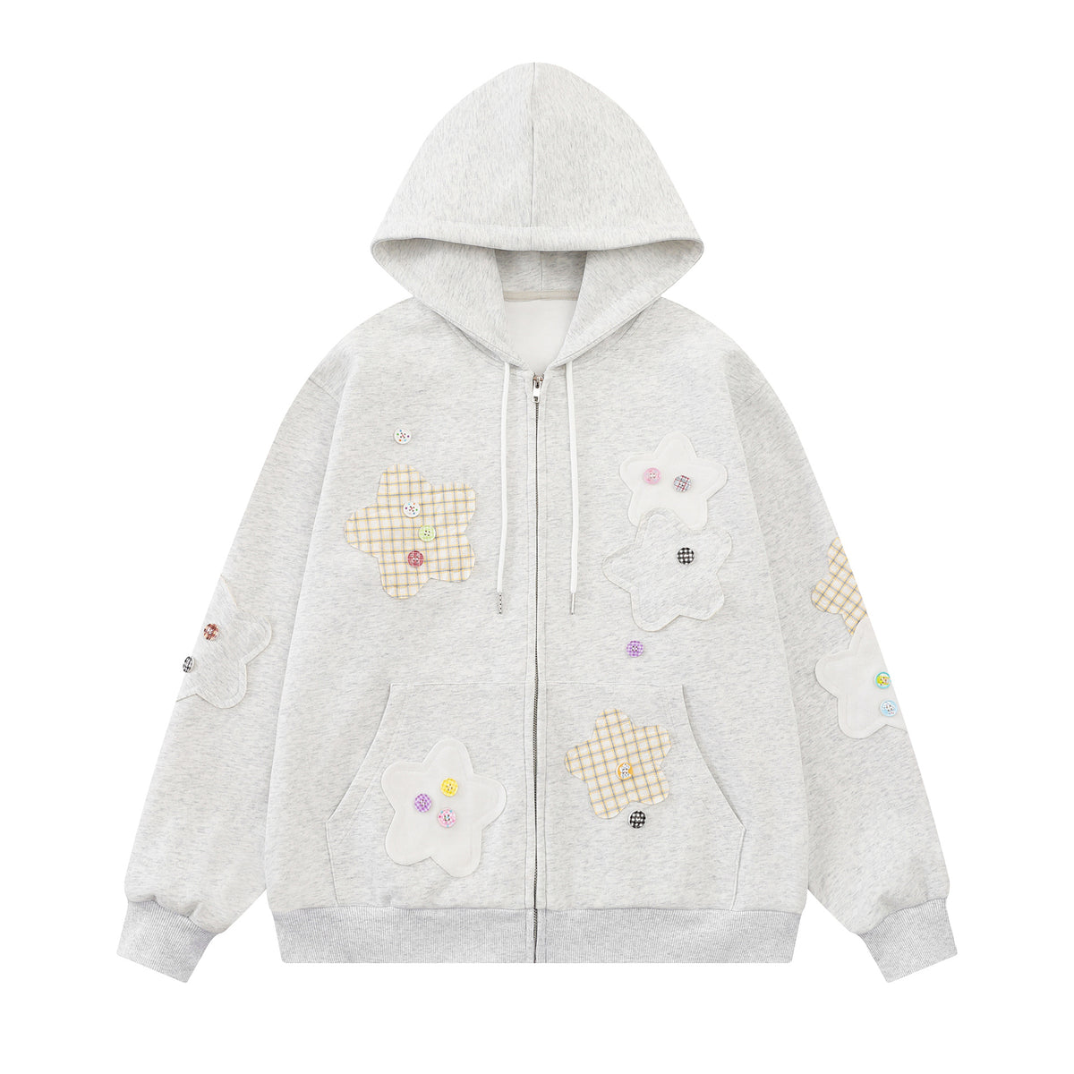 Cute Star Patchwork Zip-Up Sweatshirt Drop Shoulder Loose Casual Jacket