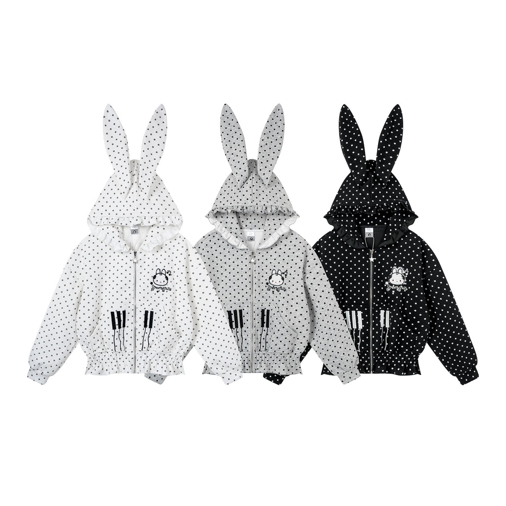 Polka Dot Rabbit Ear Hooded Crop Cardigan with Ruffle Waist and Cute Embroidery