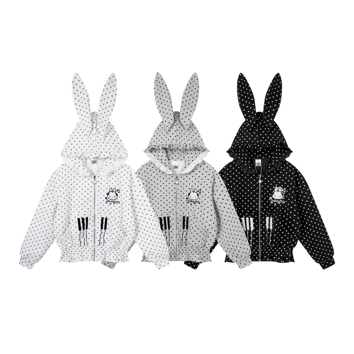 Polka Dot Rabbit Ear Hooded Crop Cardigan with Ruffle Waist and Cute Embroidery