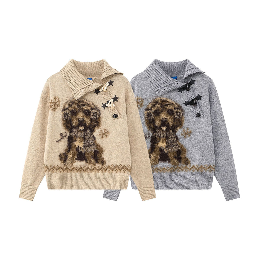Cute Dog Flocked Jacquard Star Toggle Turn-down Collar Loose Knit Sweater