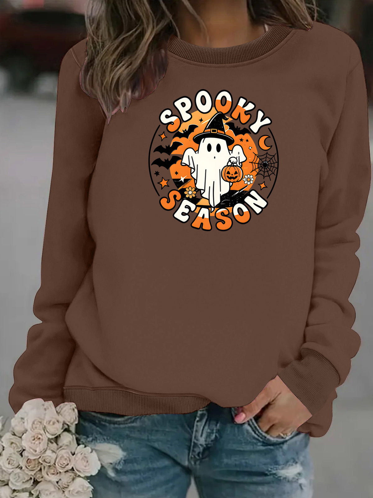 Ghost print round neck fleece hoodie