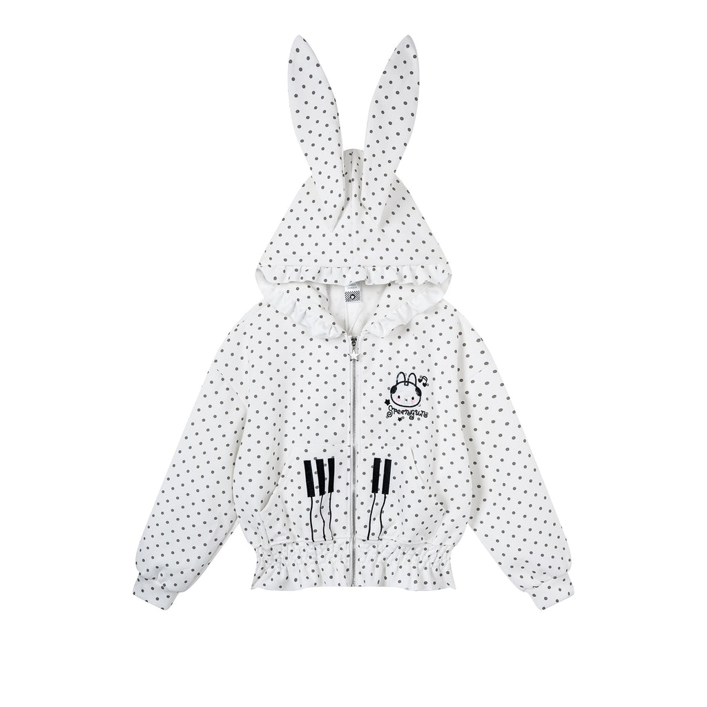 Polka Dot Rabbit Ear Hooded Crop Cardigan with Ruffle Waist and Cute Embroidery