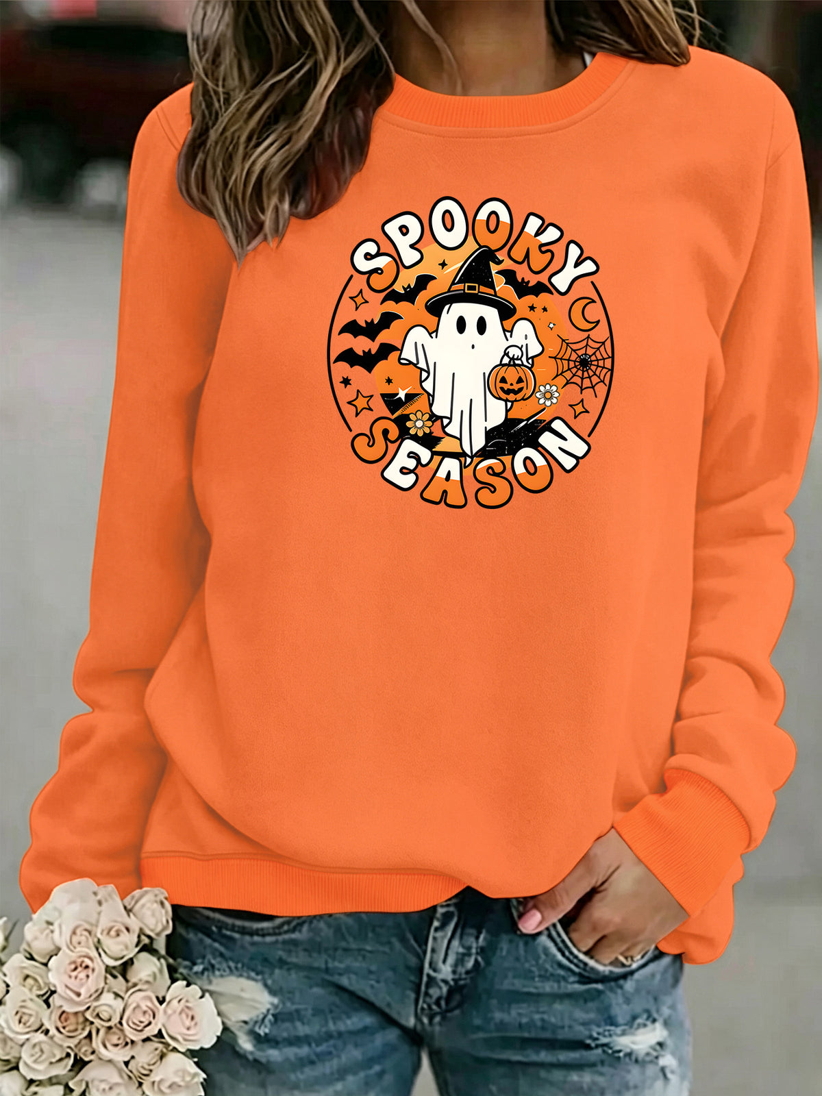 Ghost print round neck fleece hoodie