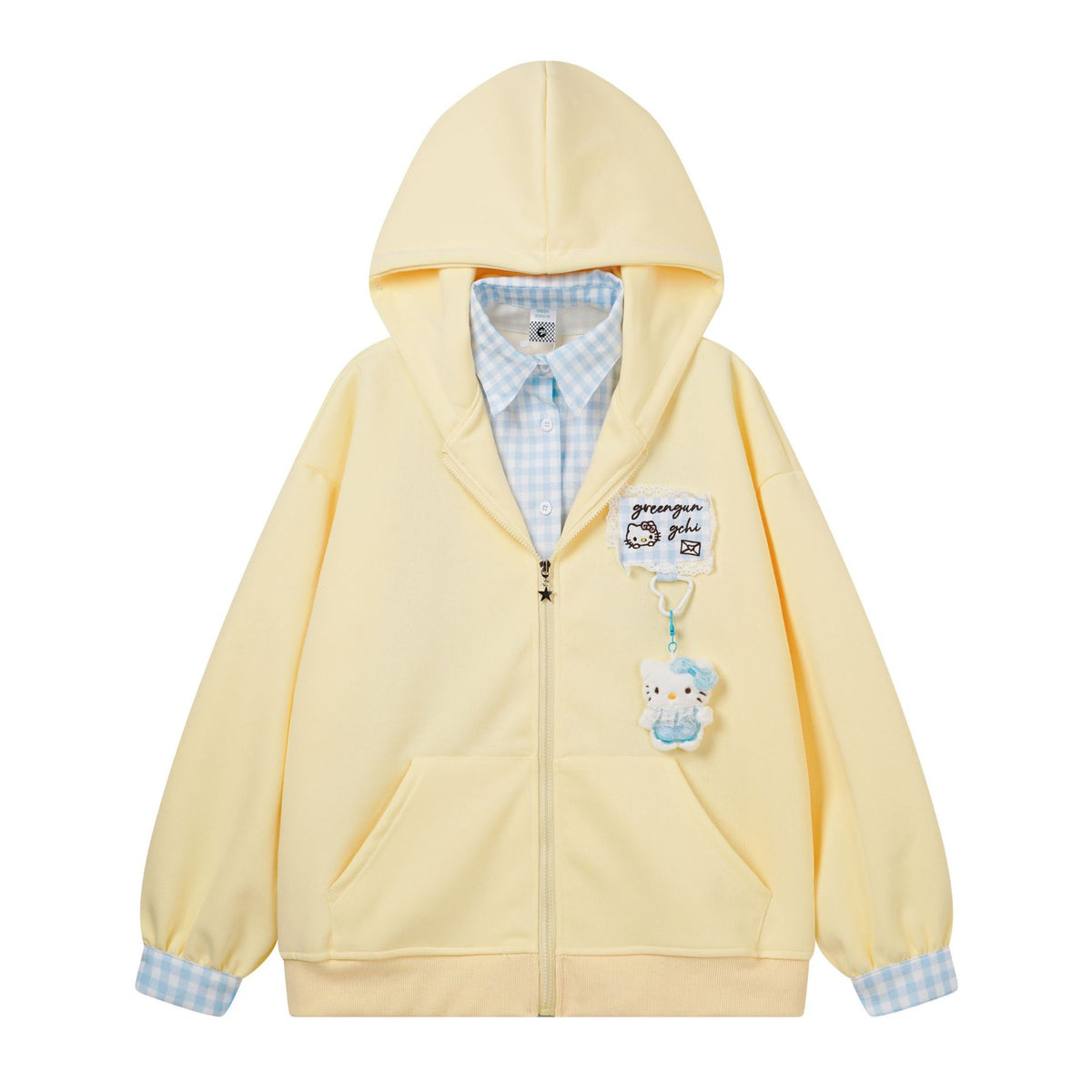 Cute Plaid Patchwork Hooded Sweatshirt with Cat Charm, Fake Two-Piece Cardigan Design