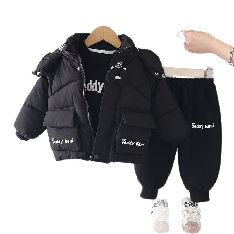 Boys Winter Fleece Lined Thickened Cotton Jacket Three-Piece Set with Cute Bear Head Pattern